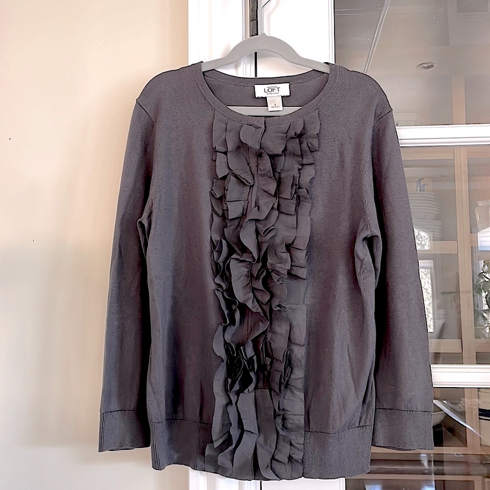 Ann Taylor Loft Ruffled Front Cotton Cardigan, Gray, Size Small